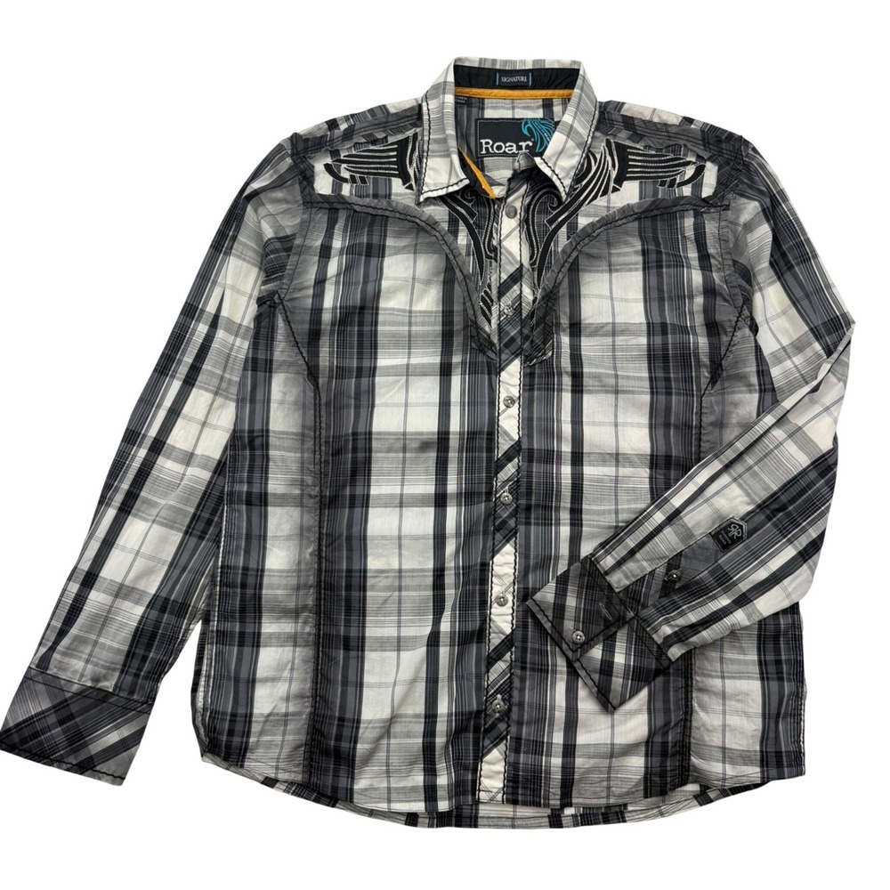 Roar Signature Button Down Mens XL Exalt Plaid Wing Embroidered Western Shirt